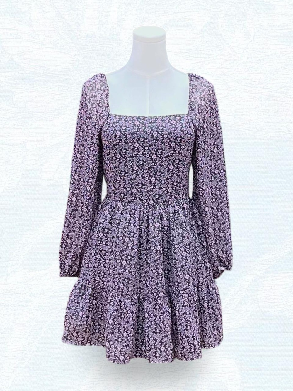 Forever 21 Purple Floral Square-Neck Long Sleeve Mini Dress